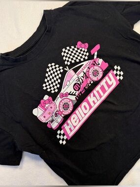 Hello Kitty Racing Graphic Tee Black Pink Sanrio Y2K Cropped Baby Tee